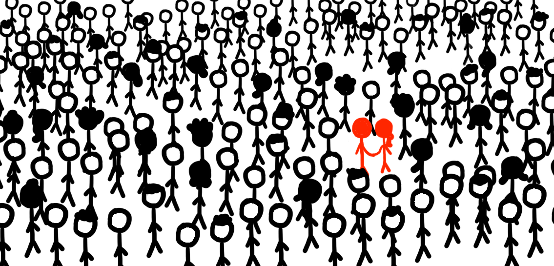 stick figures holding hands in a crowd