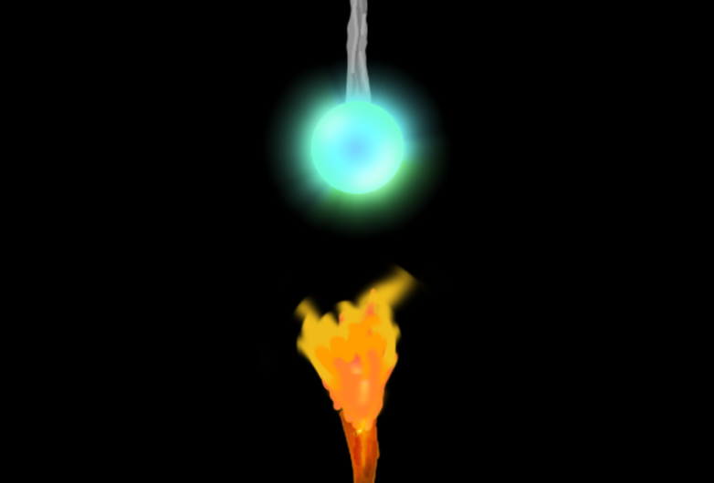 Pitch black background with orb of blue light coming in from the top of the frame and orange flames from a torch coming up from the bottom of the frame