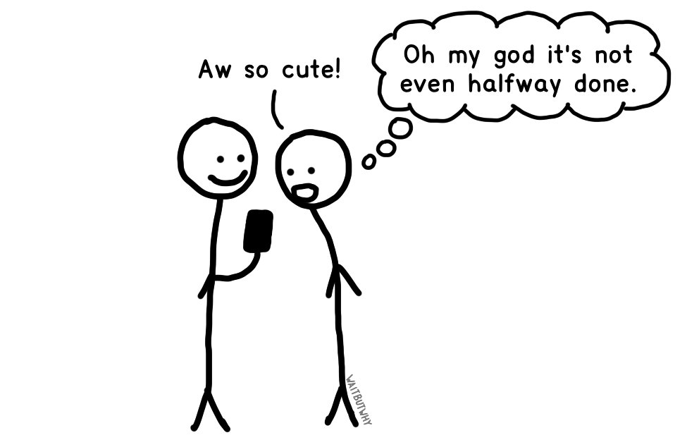 showing a stranger a video of your kid: Aw so cute! (thought bubble: Oh my god it's not even halfway done.)